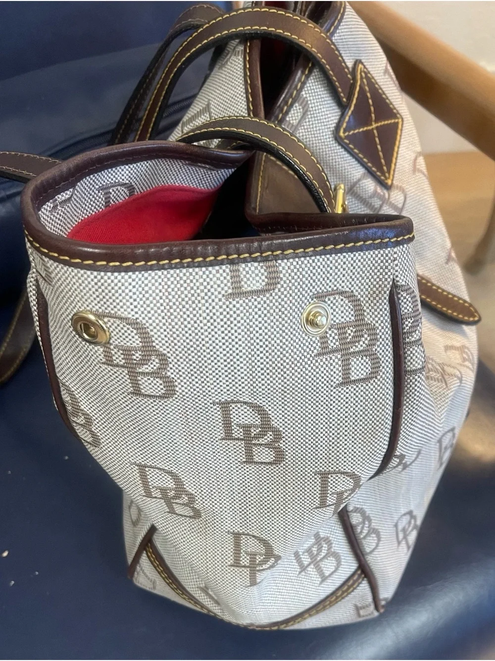 Dooney & Bourke Beige Monogram Shoulder Bag with Brown Trim and Red Lining